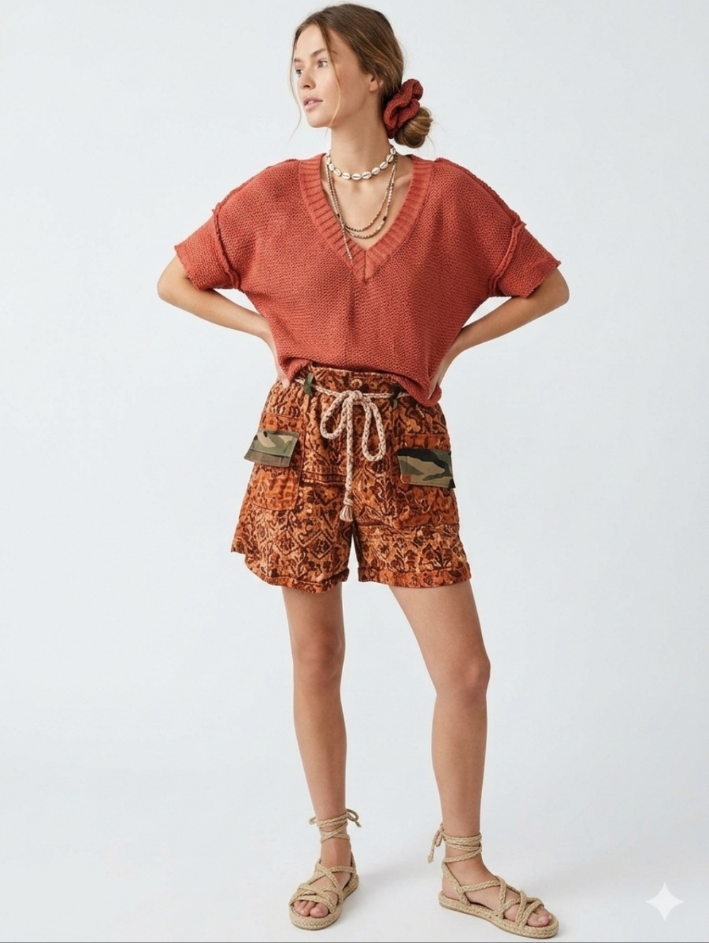 Free People Shorts Boho Dakota Skies Stitched Kantha Rust Women's